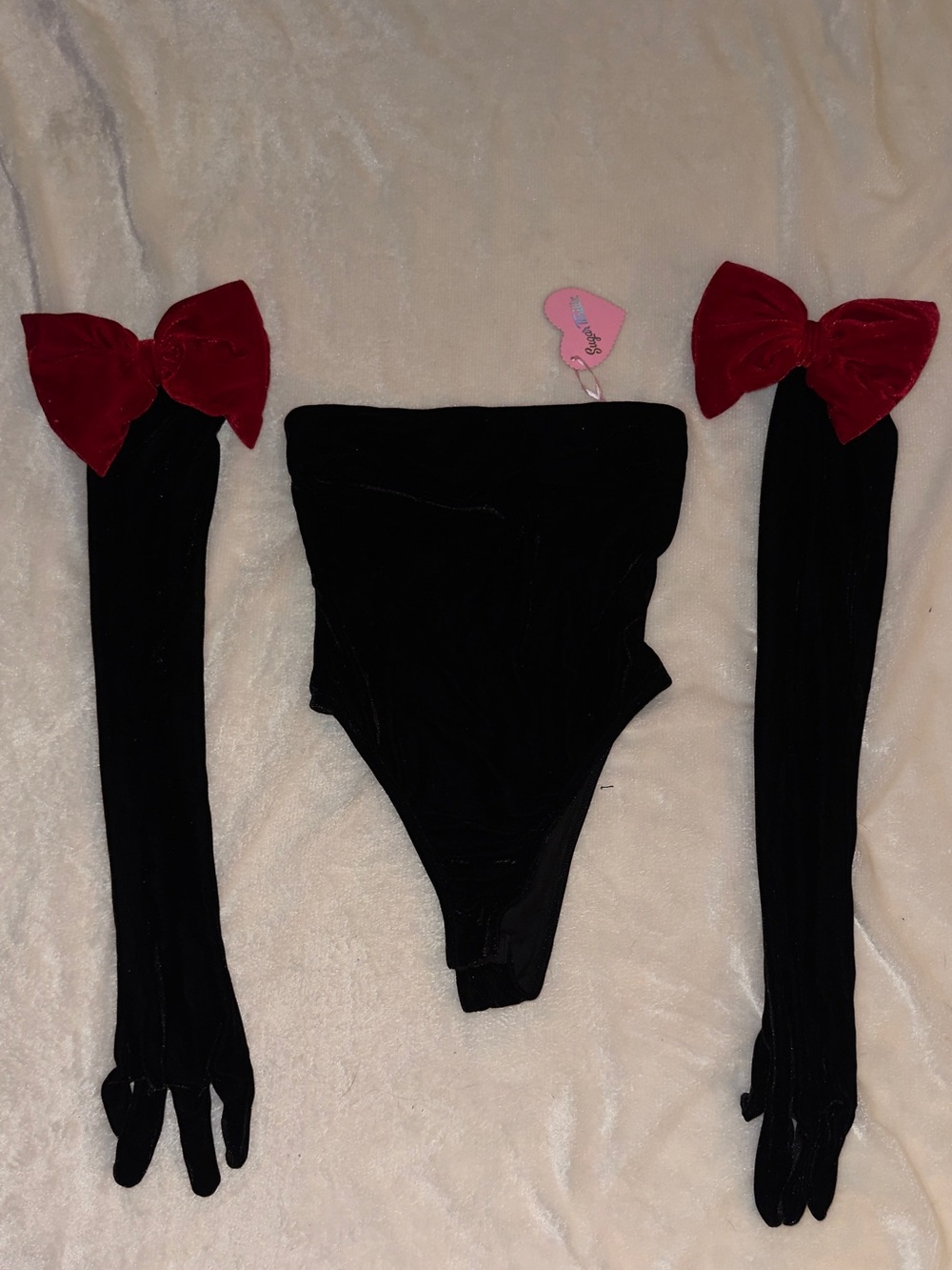 Dolls Kill Black Velvet High-Cut Bodysuit with Red Bow Thigh-Highs Gloves